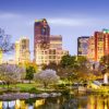 Charlotte, North Carolina, USA uptown skyline at Marshall Park.